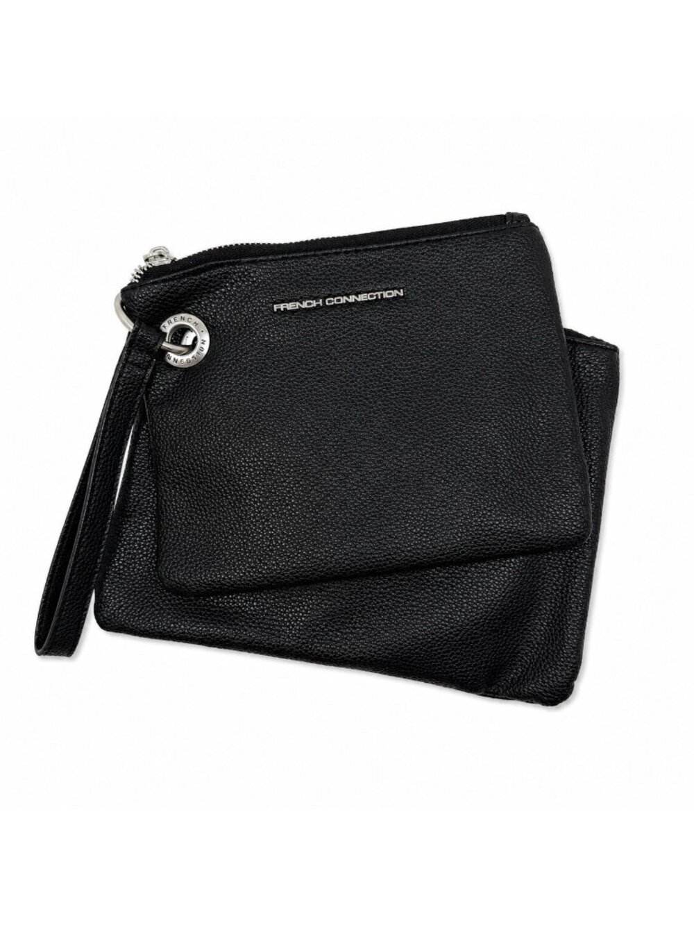 French Connection Lara Pebble Wristlet Black NWT Silver Old Money Clutch Pouch